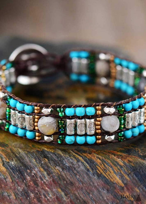 Pulsera Boho, Pulsera de Cuero, Piedra Azul Plateada